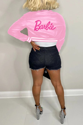 Pink “Barbie” Print Faux Leather Crop Jacket - Bold & Trendy