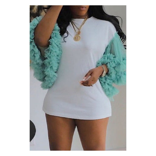 Teal “Puffy Mesh Sleeve” Shirt Dress