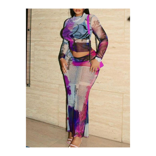 Multi Colored "Newspaper Print" Mesh Maxi Skirt Set - Bold Retro Chic Fashion