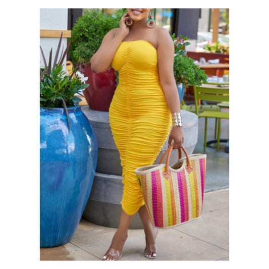 Yellow Strapless Midi Dress - Elegant Summer Style