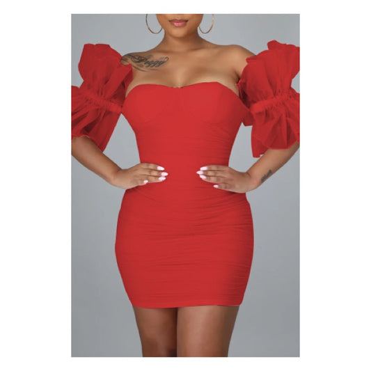 Red Mesh “Ruffle Sleeve” Bodycon Dress