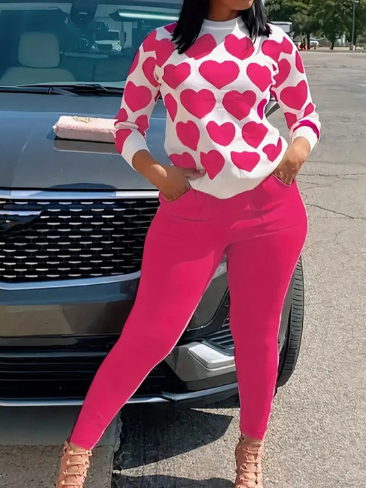 Pink Heart Print Leggings Set - Fun & Flirty Casual Wear