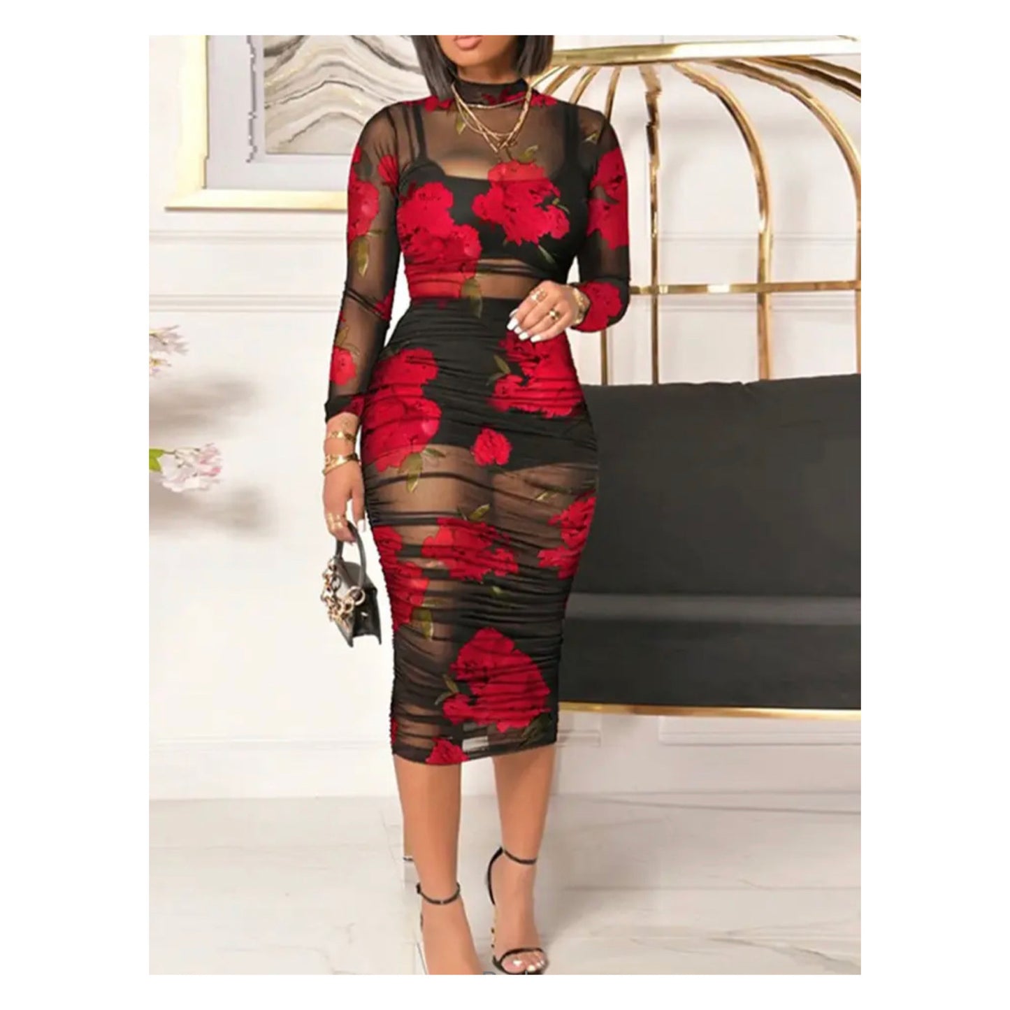 Red “Floral Print” Mesh Maxi Dress Set