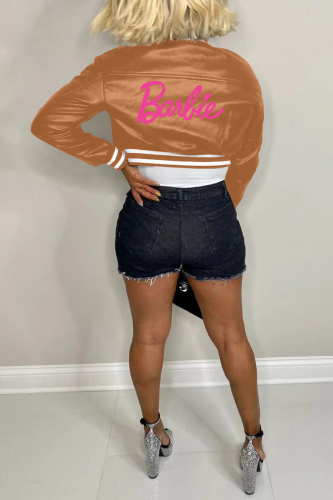 Brown “Barbie” Print Faux Leather Crop Jacket - Bold & Trendy