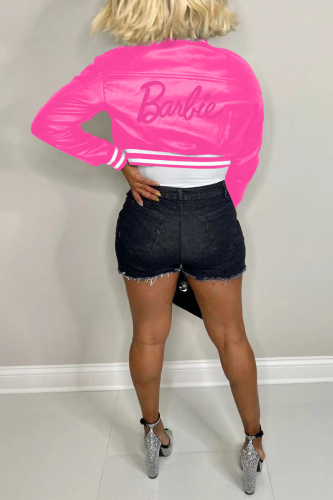 Hot Pink “Barbie” Print Faux Leather Crop Jacket - Bold & Trendy