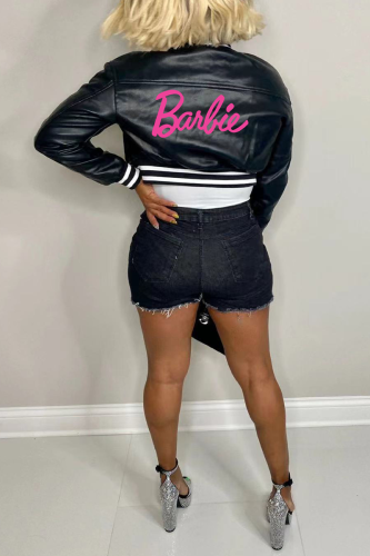 Black “Barbie” Print Faux Leather Crop Jacket - Bold & Trendy