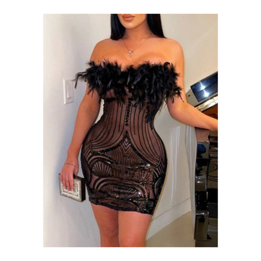 Strapless "Sequin Feather Top" Bodycon Dress - Luxe Eveningwear for Glamorous Occasions