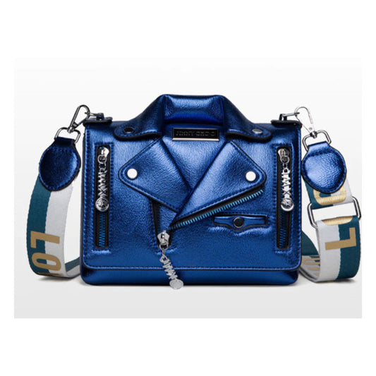 Blue Metallic Biker Jacket Crossbody Bag - Edgy Chic Fashion Accessory
