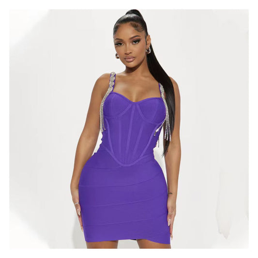 Purple “Tassel Spaghetti Strap” Bandage Dress