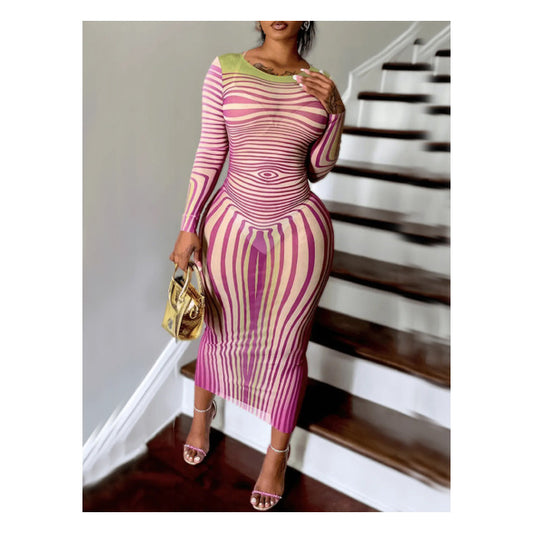 Pink Stripe "Mesh" Long Sleeve Maxi Dress - Modern Elegance for Stylish Occasions