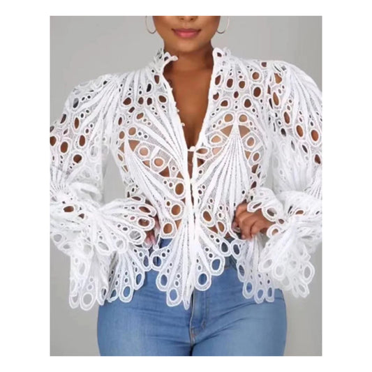 White Embroidered Long Sleeve Top