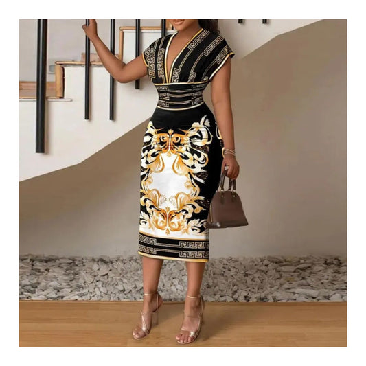 Deep V “Lux Print” Midi Dress