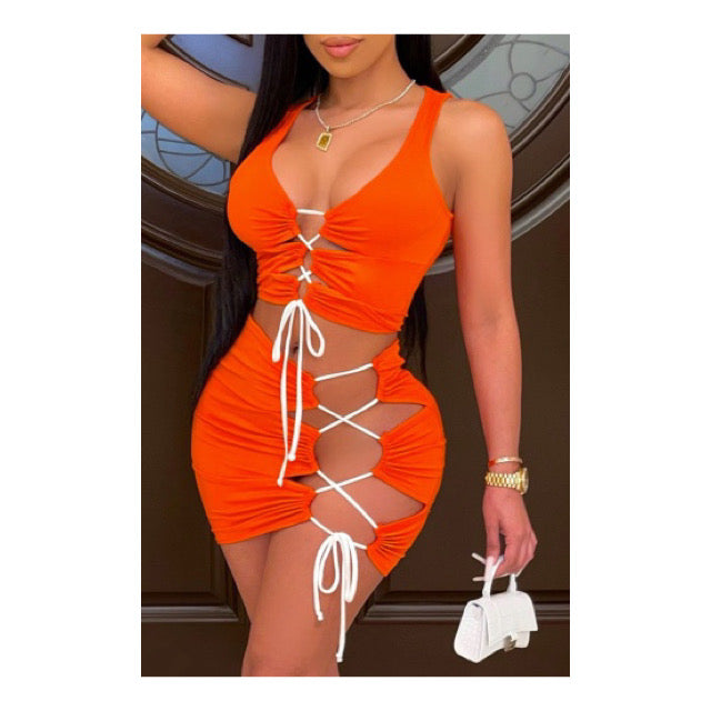 Orange “Side Laced Up” Mini Skirt Set