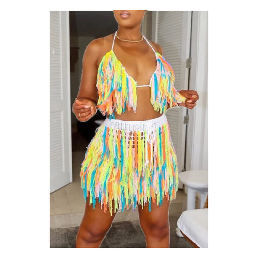 Yellow Multi Colored Tassel Mini Skirt Set