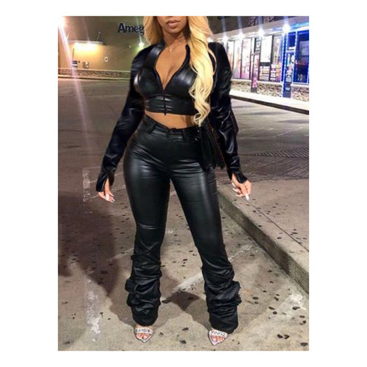 Faux Leather Crop Top “Stacked” Leggings Set