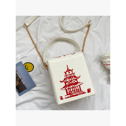 White / Red “Chinese Food Container” Crossbody Bag