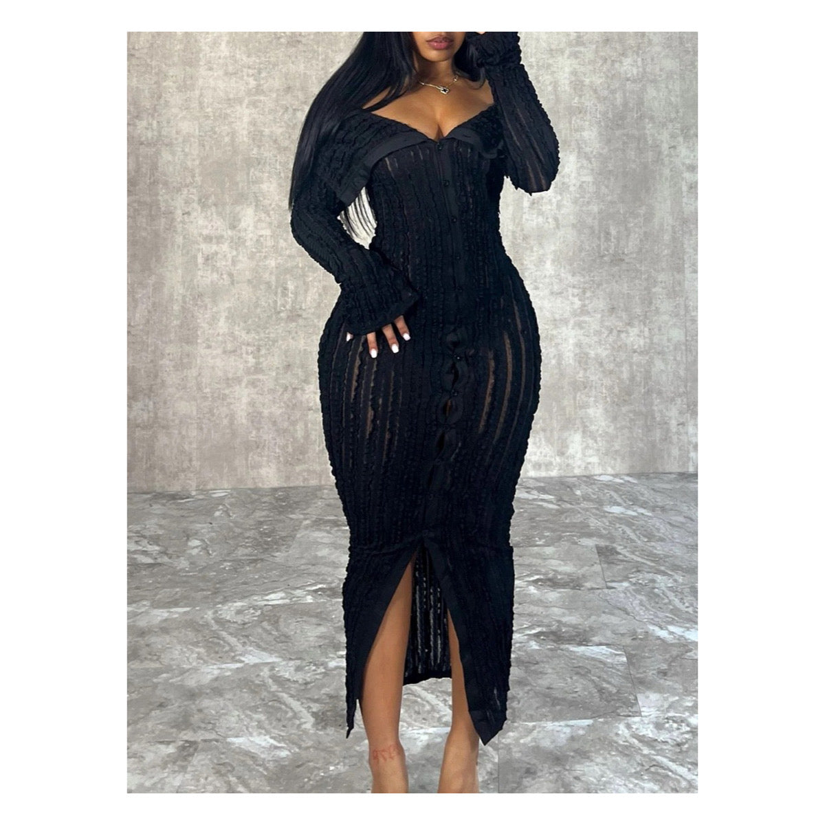 Mesh Off-the-Shoulder "Button Up" Maxi Dress - Elegant Eveningwear for Special Occasions