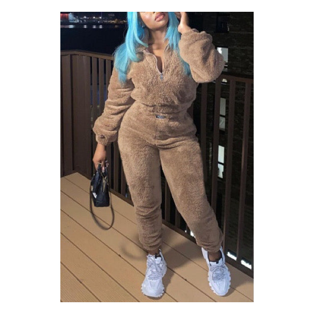 Tan “Fuzzy" Jogger Set - Loungewear Chic for Ultimate Comfort and Style