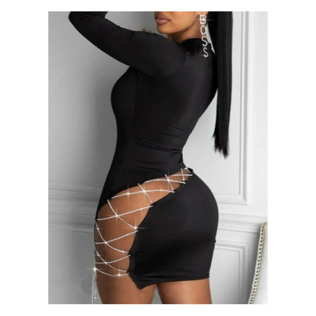 Rhinestone Chain “Lace Up” Bodycon Dress - Glamorous Contemporary Fashion