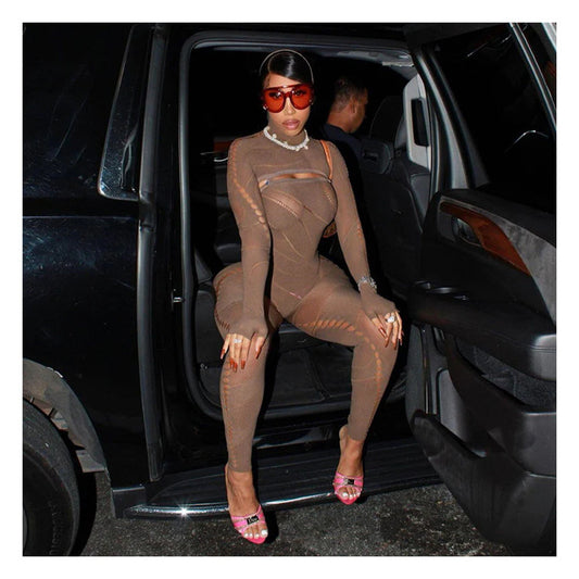 Brown “Hooded” Cutout Mesh Jumpsuit - Daring Fashion Statement