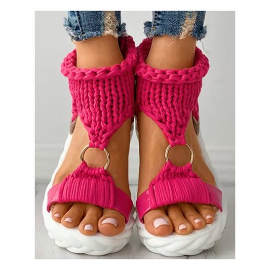 Pink “Crochet” Block Sandals - Boho Chic Summer Footwear