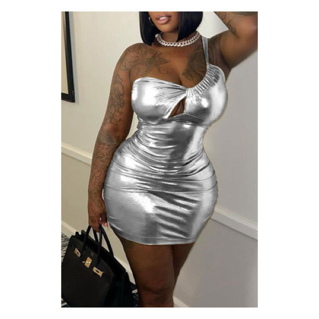 Silver Metallic “One Shoulder” Mini Bodycon Dress - Glamorous Evening Wear