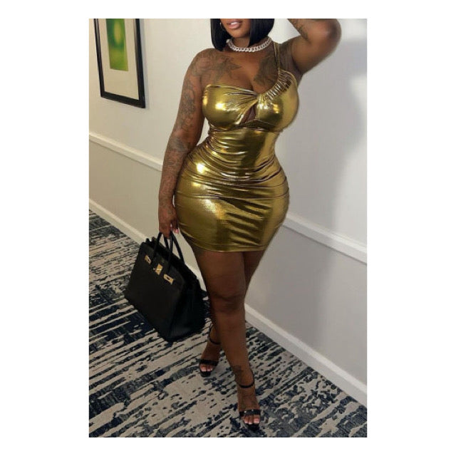 Gold Metallic “One Shoulder” Mini Bodycon Dress - Glamorous Evening Wear