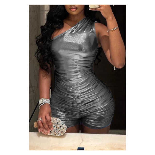 Silver “Metallic” One Shoulder Romper - Bold and Glamorous Party Wear