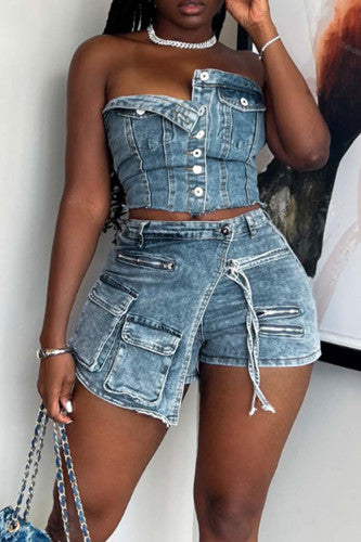 Denim Halter Crop Top & Skirt Short Set - Chic and Comfortable Summer Fashion