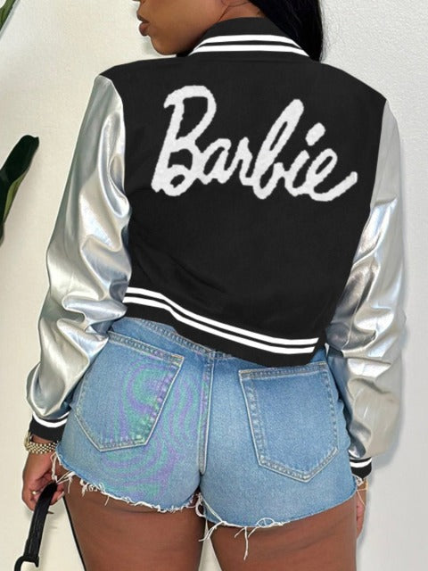 Silver/Black “Barbie Print Varsity” Crop Jacket - Playful Urban Chic Fashion