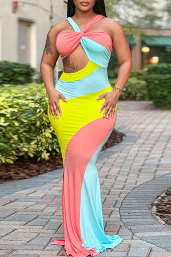 Pastel “Color Block” Flare Out Maxi Dress - Elegant and Modern Summer Style