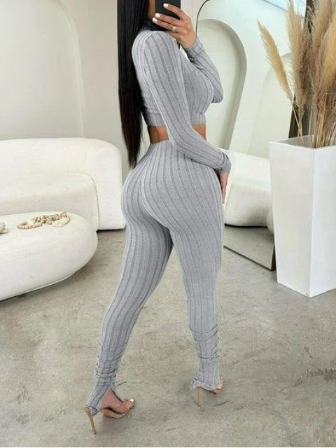 Gray Peek-a-Boo “Crop Top” Leggings Set - Stylish & Comfortable Athleisure