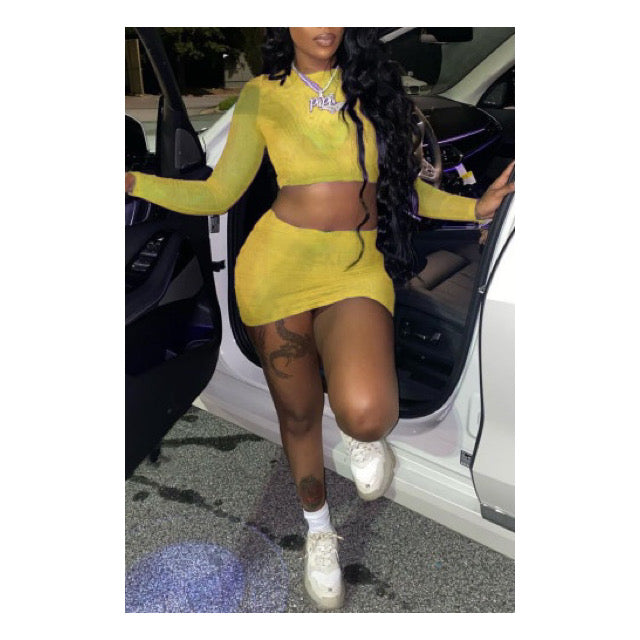 Yellow “Long Sleeve” Crop Top Mini Skirt Set