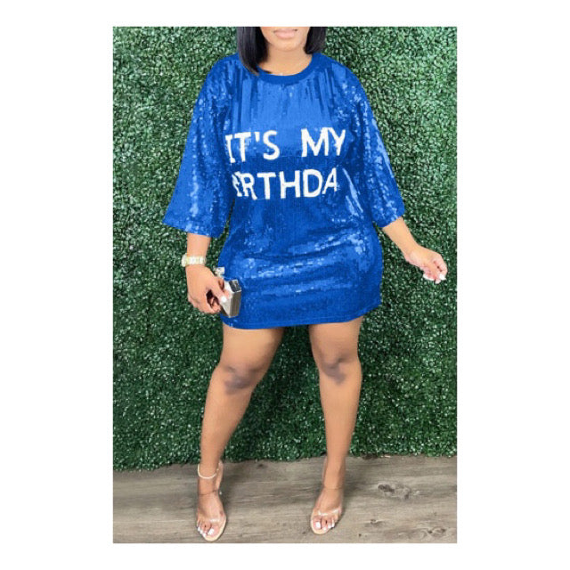 Blue “It’s My Birthday “Glitz” Mini Dress