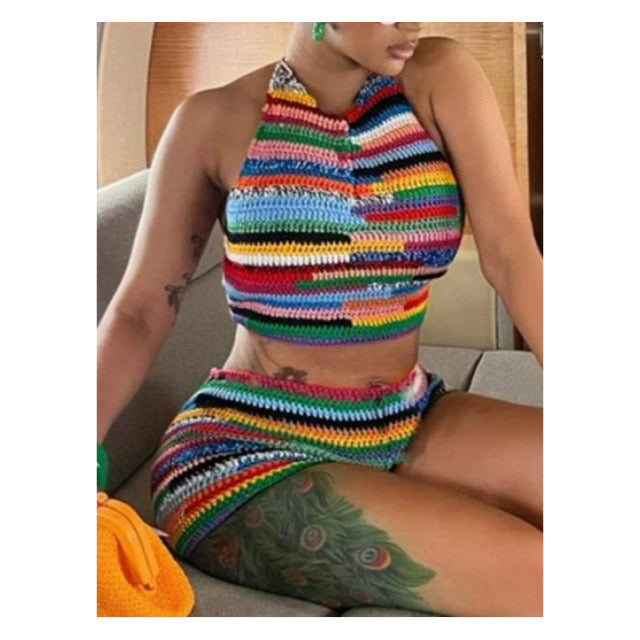 Multi Colored “Crochet” Crop Top Short Set