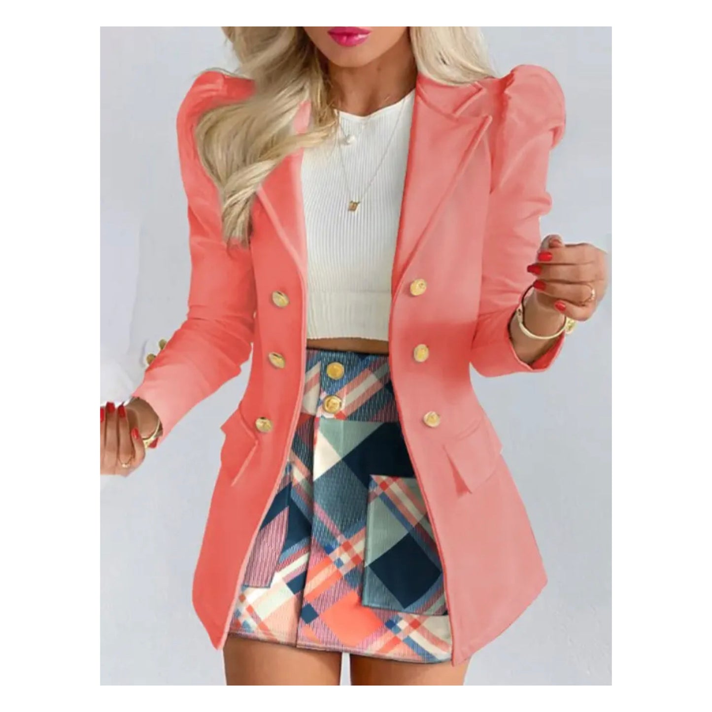 Peach Blazer w/ Plaid Skirt Set