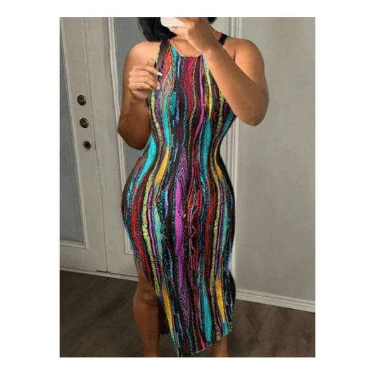 Multi-Colored MIDI Dress with Side Mesh - Chic Occasion Wear for Colorful Elegance