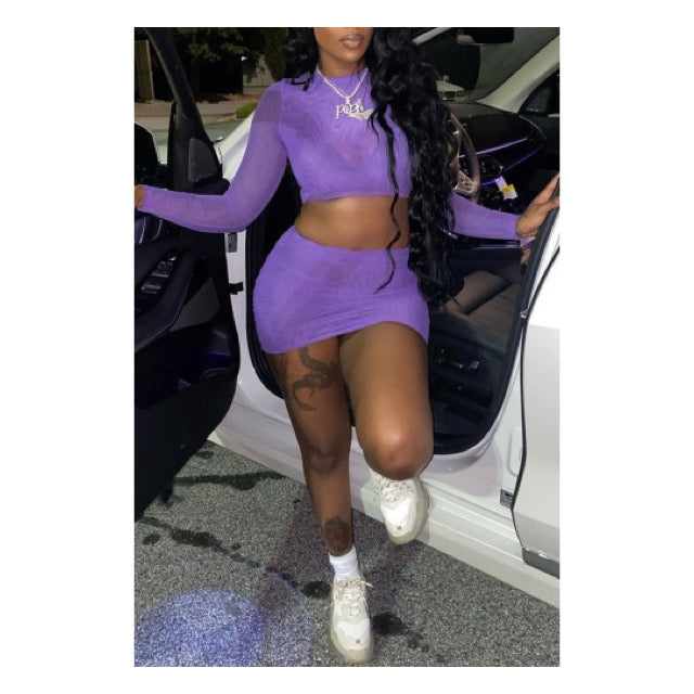 Purple “ Long Sleeve” Crop Top Mini Skirt Set