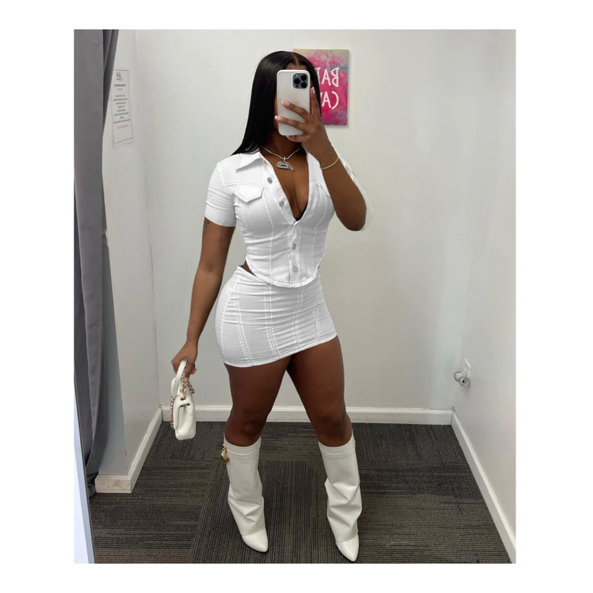 White “Lite Denim” Mini Skirt Set