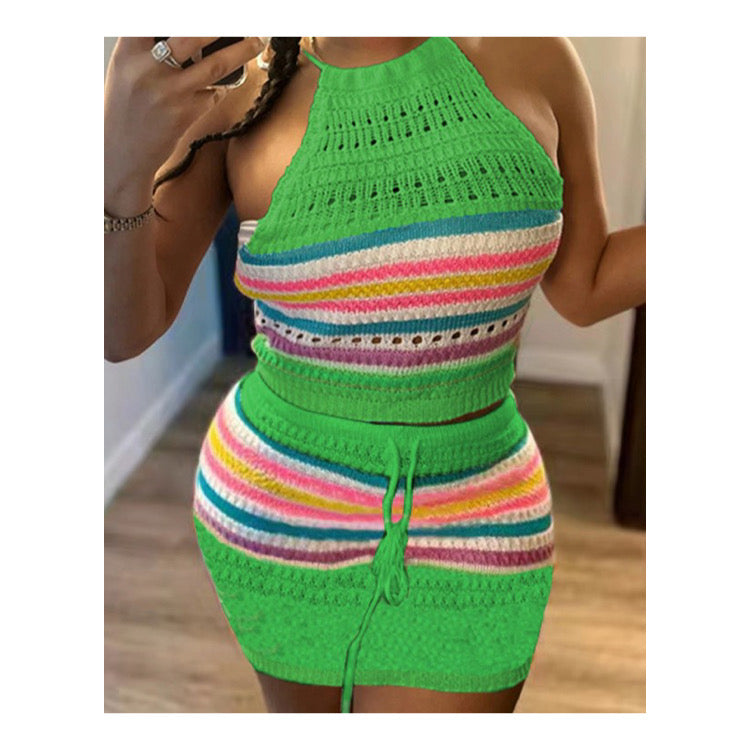 Green “Crochet” Mini Skirt Set