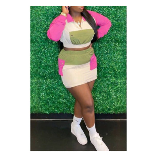 Pink / Green Windbreaker Skirt Set