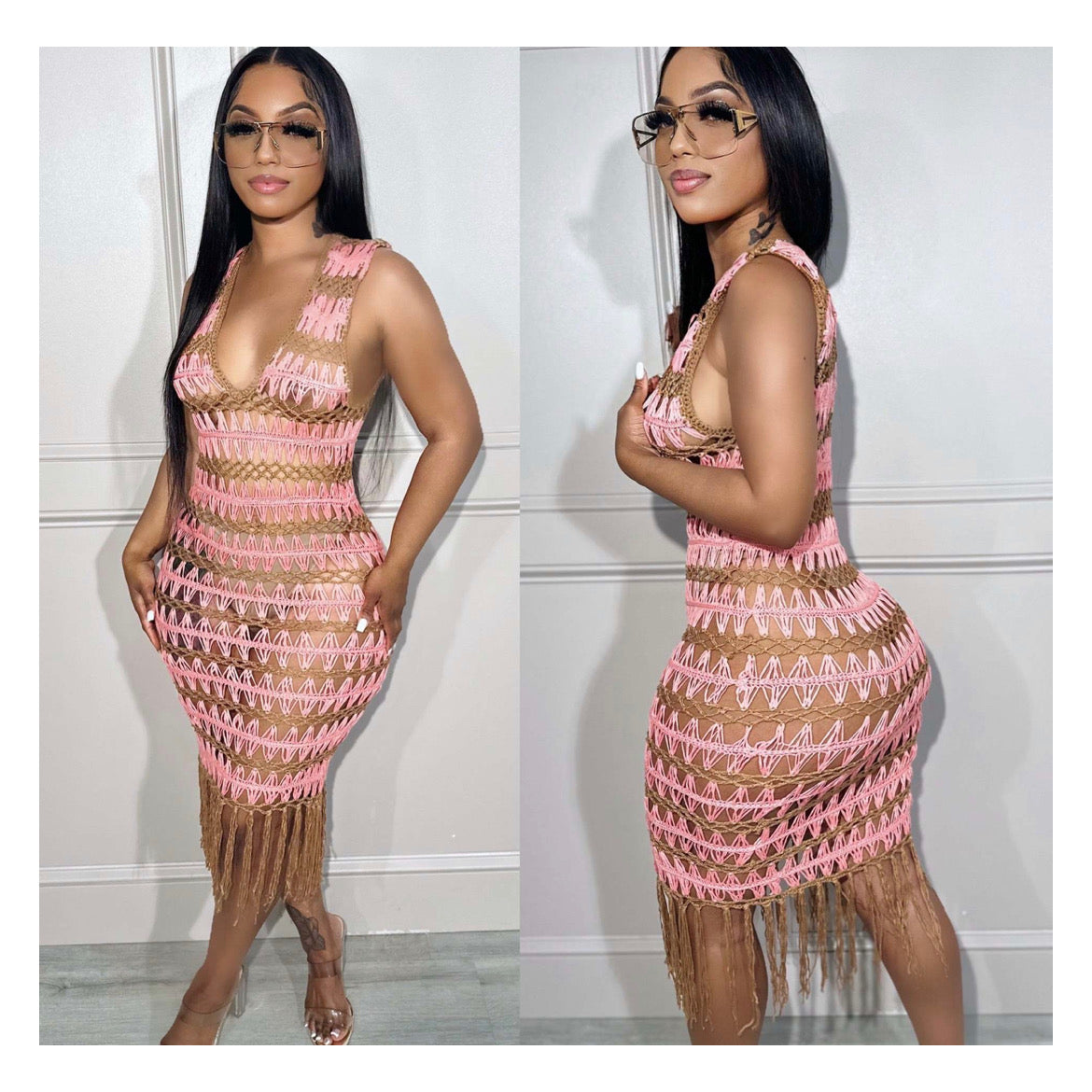 Pink / Nude Crochet Midi Dress w/ Tassels