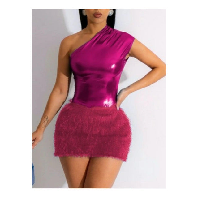 Hot Pink Fur Trim Mini Dress