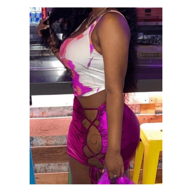 Pink Metallic “Side Lace Up” Mini Skirt Set