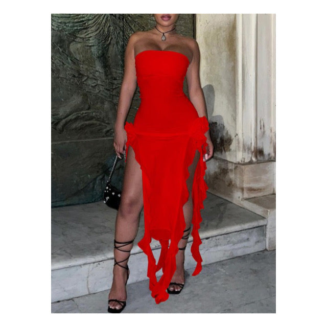 Red “Strapless” Maxi Dress w/ High Side Slits
