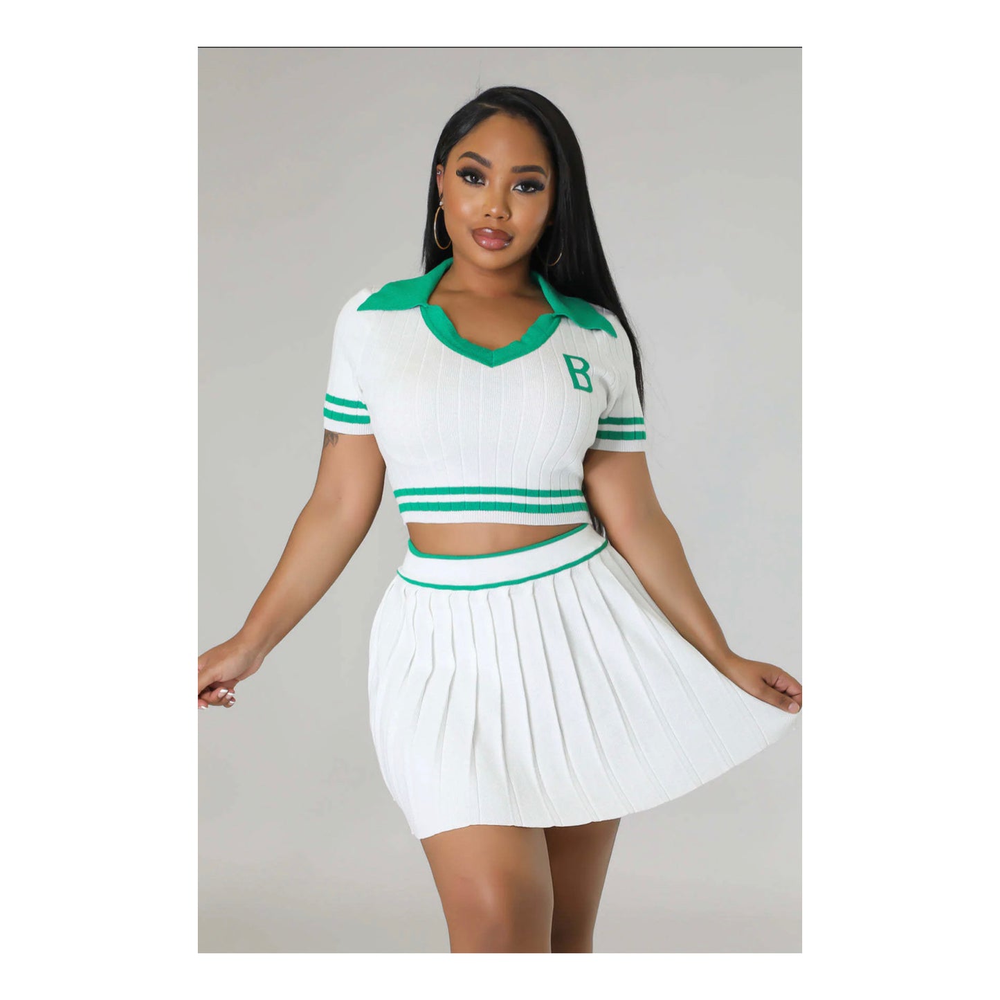 White / Kelly Green “Pleated Skirt Set”