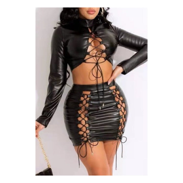 Black “Faux Leather Lace Up” Skirt Set