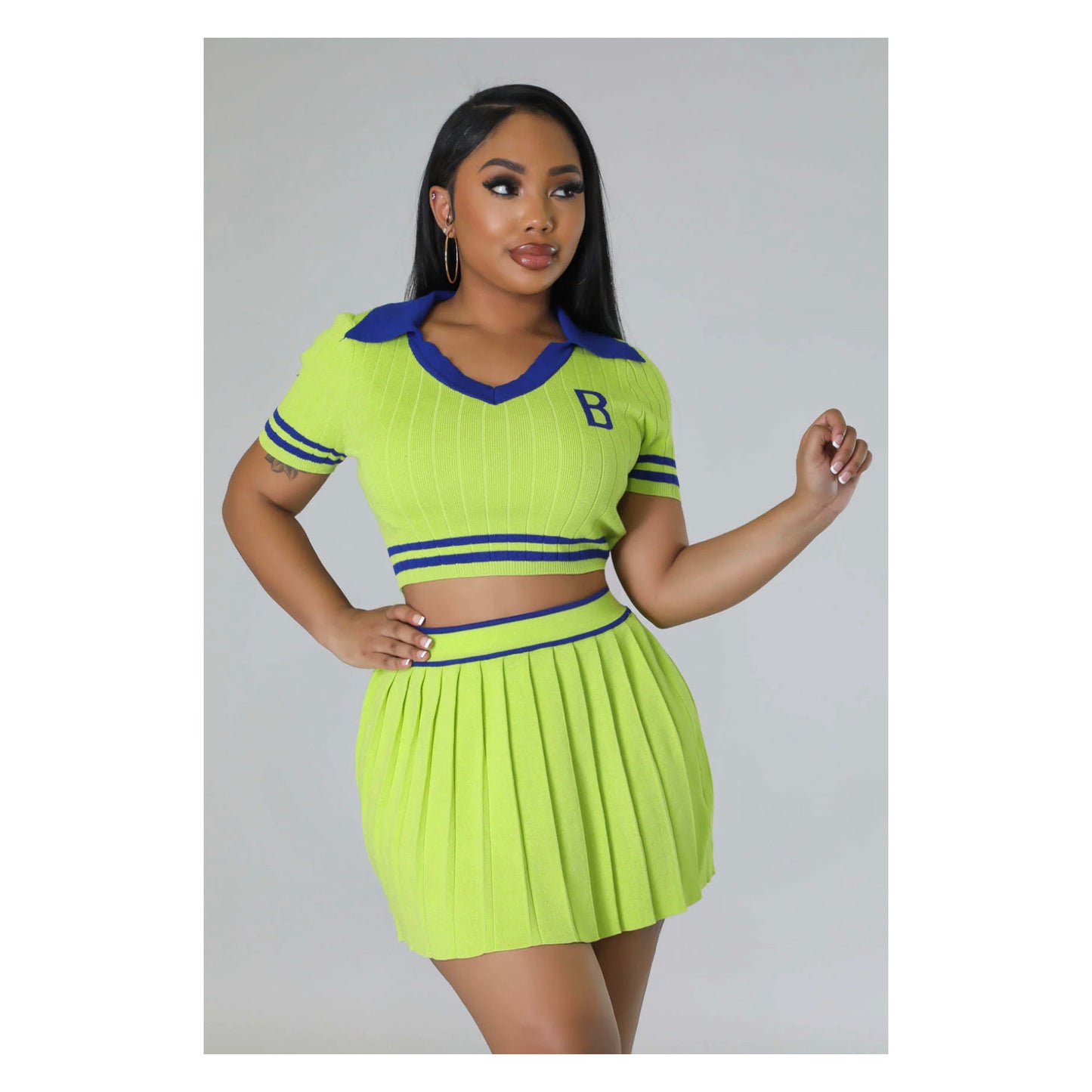 Lime Green / Blue “Pleated Skirt Set”