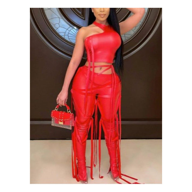 Red “Faux Leather” Tassel Pants Set