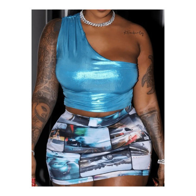 Blue Metallic “Crop Top” Mini Skirt Set